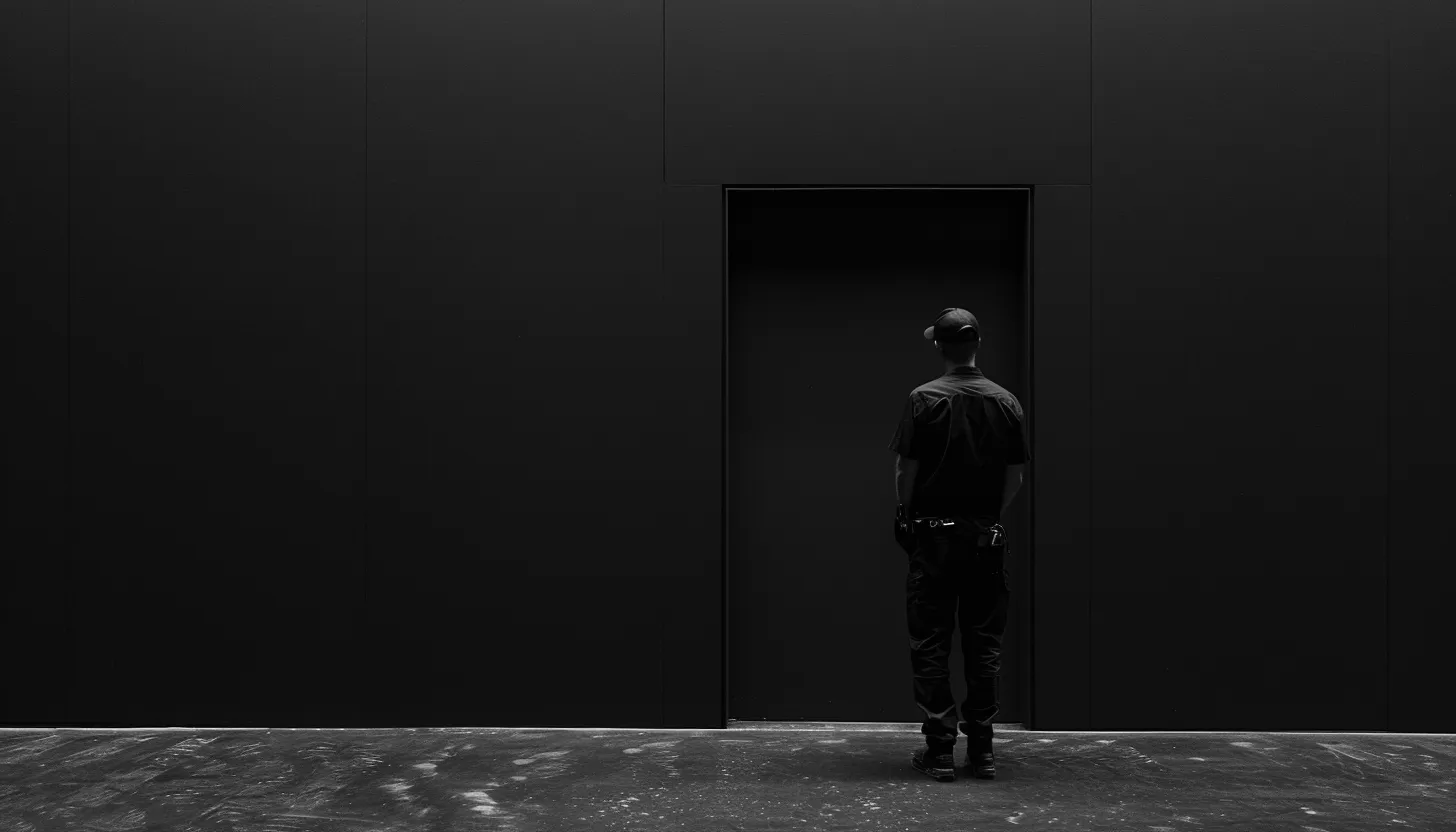 Un agent de sécurité devant une porte d'entrée